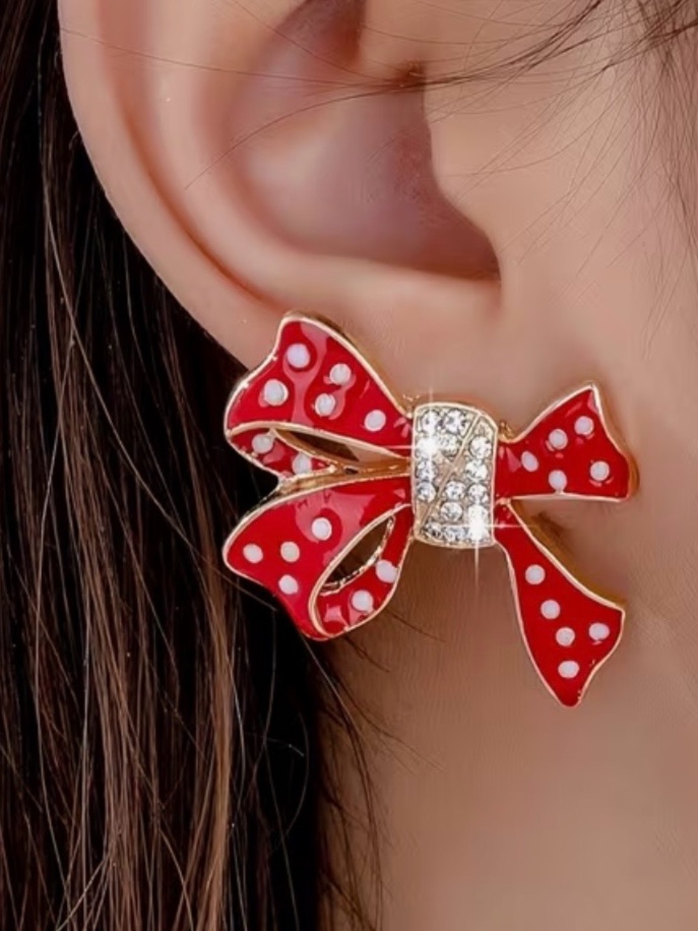 Red Polka Dot Bow Earrings with Crystal Accent